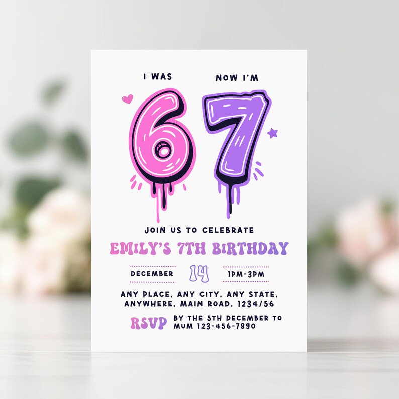 6 7 invitation Girl Birthday Invite Editable Template (Digital Download)
