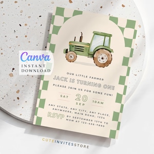 Green Tractor Birthday Invitation – Farm Party Printable, Boy 1st Birthday Invite, Editable Template