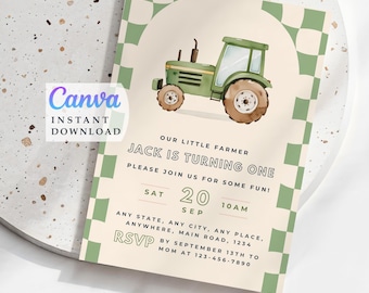 Green Tractor Party Farm Birthday Invite: Editable Invitation (Instant Download)