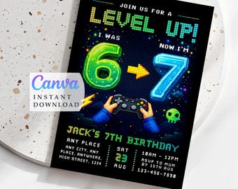 Six Seven Game on Level Up Geburtstagseinladung - Pixel-Block Invite (Canva-Vorlage)
