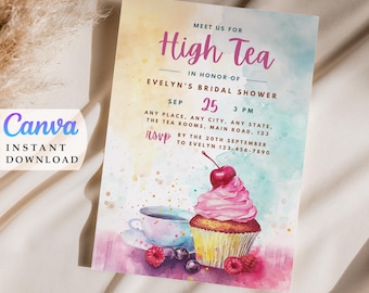 High Tea-uitnodiging | Uitnodiging voor theekransje | Canvassjabloon | Bewerkbare uitnodiging | Direct downloaden | Winkel met leuke uitnodigingen