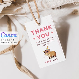Etiquetas de regalo para fiesta de capibara, etiquetas de regalo para cumpleaños de capibara, lindas etiquetas de animales para fiesta, plantilla editable, descarga instantánea