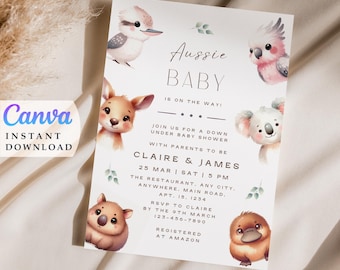 Aussie dieren babyshower uitnodigen Aussie baby feestbeest douche thema pasgeboren viering Canva uitnodiging Instant download