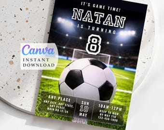 Fußball-Geburtstagseinladung, druckbare Einladung zum Fußball-Geburtstag, Kinder bearbeitbare Vorlage, Canva Design (Sofortiger Download)