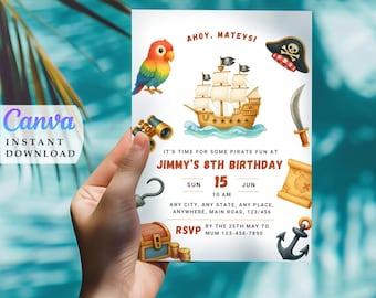 May include: Ahoy, Mateys!  A colorful pirate-themed birthday invitation for Jimmy's 8th birthday party. The invitation features a cartoon pirate ship, a parrot, a treasure chest, a hook, a sword, a spyglass, and a treasure map. The party is on Sunday, June 15th at 10 AM. RSVP by May 25th to 123-456-7890.