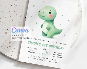 May include: A white invitation card with a green dinosaur illustration. The card reads "Simon's 1st Birthday" with event details. The text "Canva Instant Downloads" and "CuteInvitesStore" are also visible.