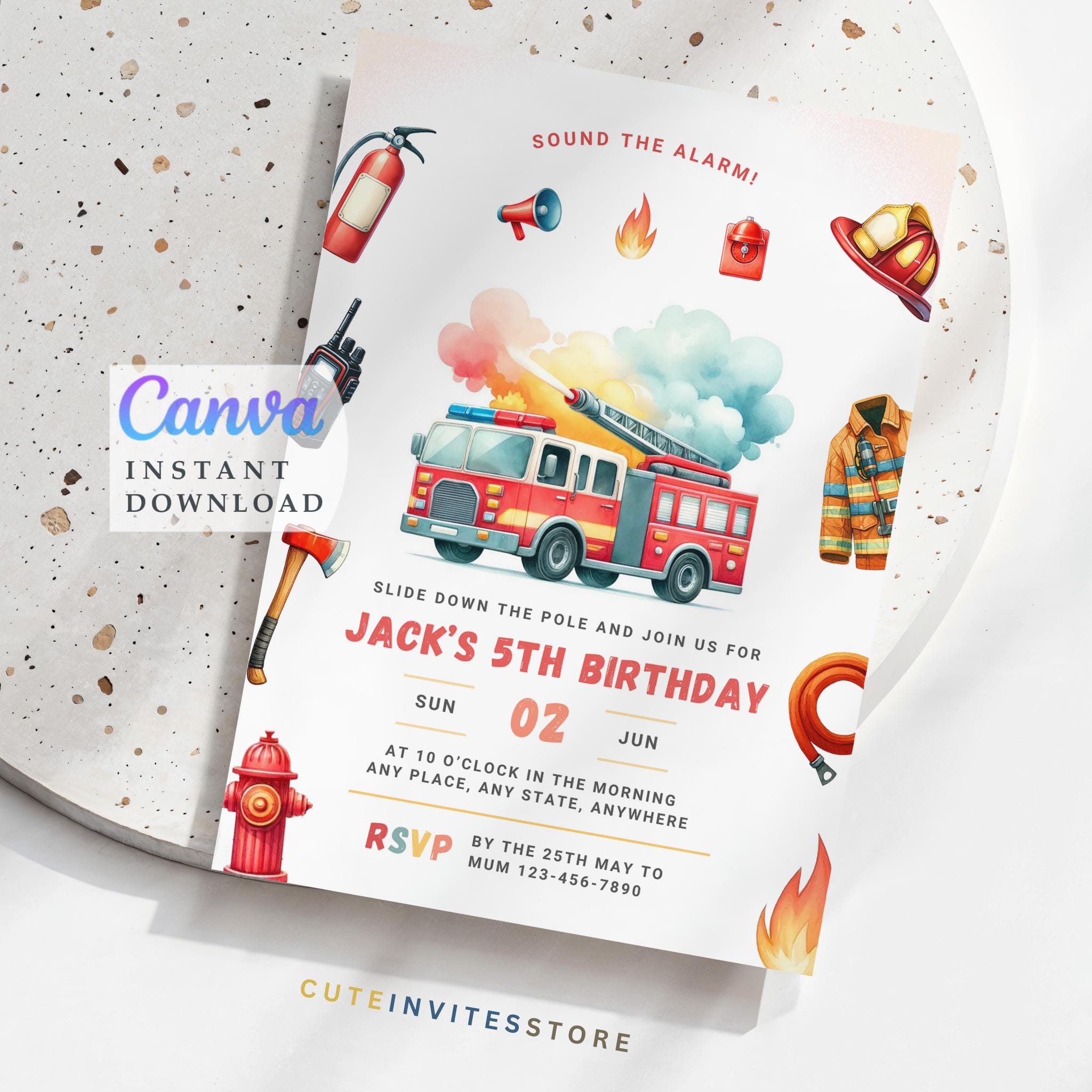 Fire Truck 5th Birthday Invitation: Fireman Theme Party (editable Invite) -  Etsy, image size:2048x2048