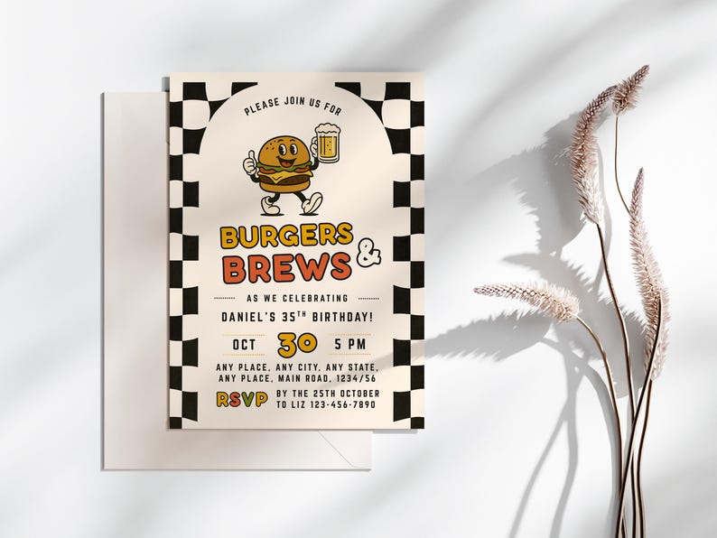 Burgers and Brews Birthday Invitation, Printable Adult Party Invite, Editable BBQ Canva Template