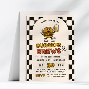 Burgers and Brews Birthday Invitation, Printable Adult Party Invite, Editable BBQ Canva Template