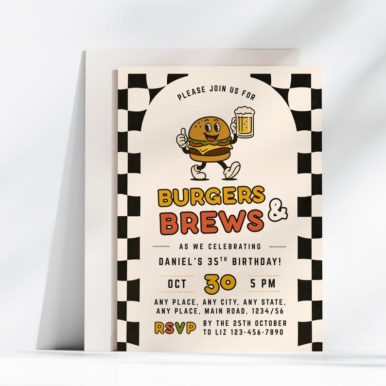 Burgers and Brews Birthday Invitation, Printable Adult Party Invite, Editable BBQ Canva Template