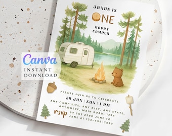 One Happy Camper Birthday Invitation: Camp Theme, Editable (Digital Download 5x7 inch Template)