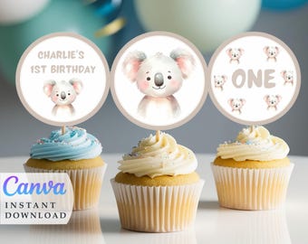 コアラのカップケーキトッパー：オーストラリアの動物、1歳の誕生日（Canvaテンプレート、すぐにダウンロード）