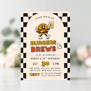 Burgers and Brews Birthday Invitation, Printable Adult Party Invite, Editable BBQ Canva Template