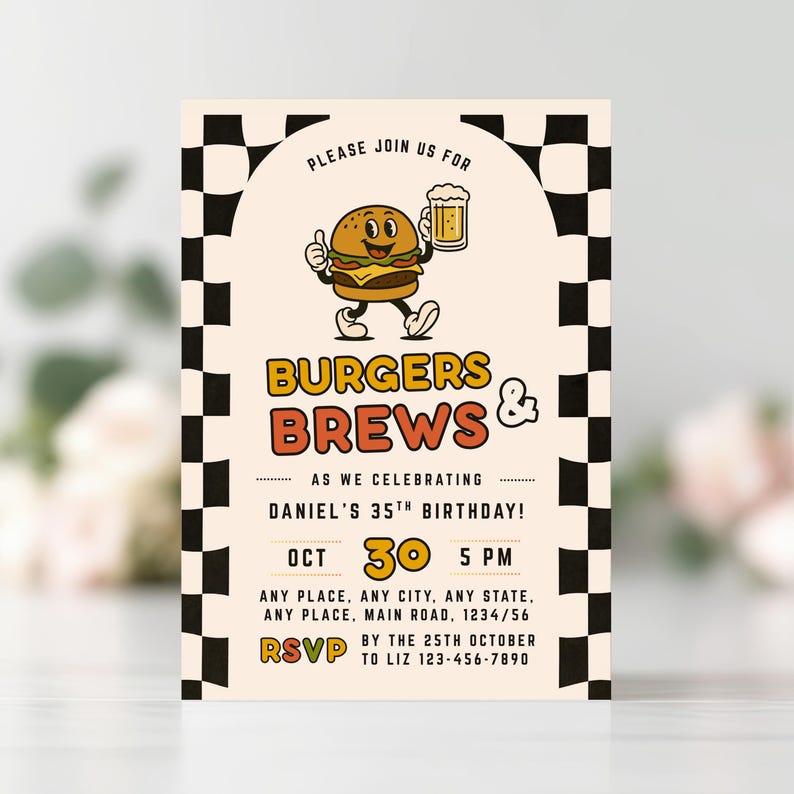 Burgers and Brews Birthday Invitation, Printable Adult Party Invite, Editable BBQ Canva Template