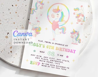 Unicorn Gymnastic Party 6Th Birthday Invite Printable Invitation (Instant Download)