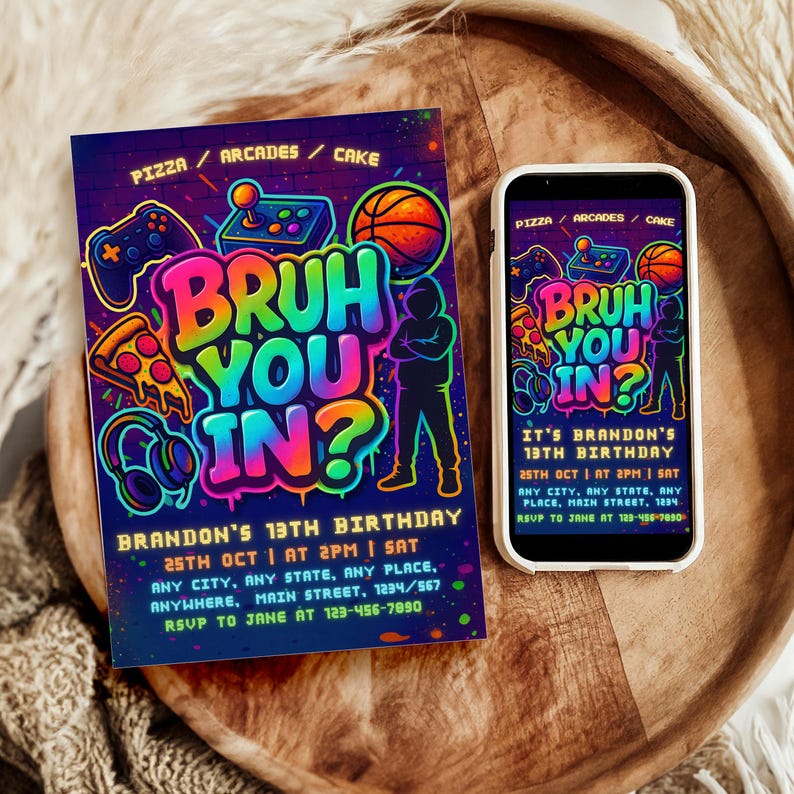 Bruh Its My Birthday – Neon Graffiti Boy Birthday Invite, Teen Party Arcade Game Canva Template
