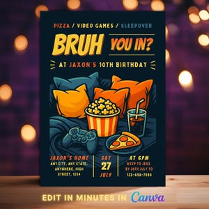 Video Game Slumber Party Invitation: Printable Boy Birthday Invite (5x7 inch Canva Template)