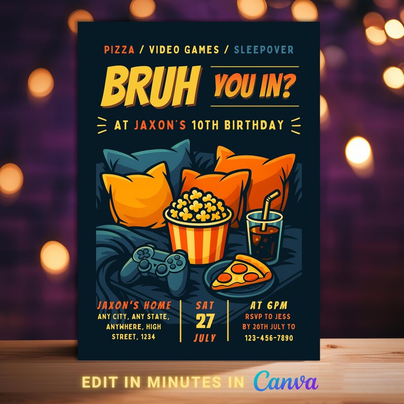 Video Game Slumber Party Invitation: Printable Boy Birthday Invite (5x7 inch Canva Template)