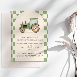 Green Tractor Birthday Invitation – Farm Party Printable, Boy 1st Birthday Invite, Editable Template
