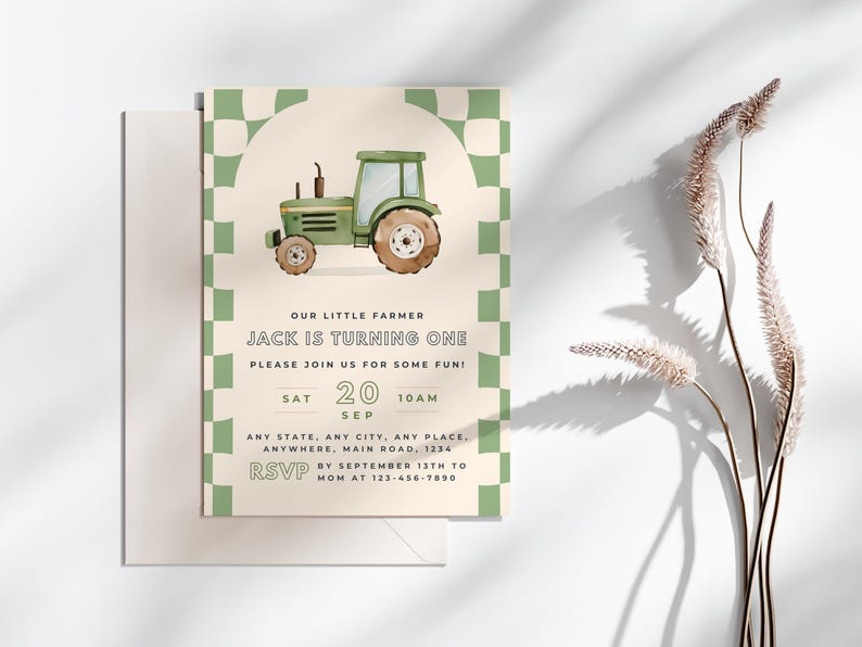 Green Tractor Birthday Invitation – Farm Party Printable, Boy 1st Birthday Invite, Editable Template