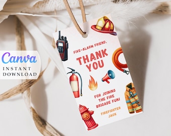 May include: A white thank you card with a red and black fire engine theme. The card says "Five-alarm friend. Thank you" and "For joining the fire brigade fun! Firefighter Jack".