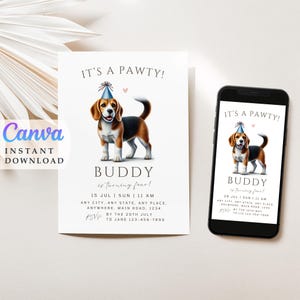 Beagle-feestuitnodiging sjabloon hondenfeestje Beagle verjaardagskaart hondenviering telefoonuitnodiging bewerkbare huisdieruitnodiging