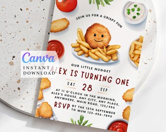 Invitación de primer cumpleaños de Nuggets de Pollo: Editable e Imprimible (Descarga Digital)