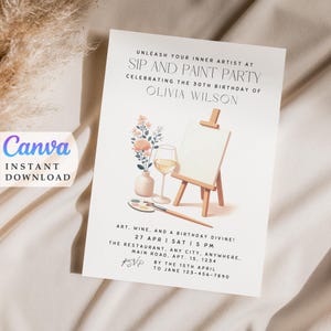 Sip and Paint Adult Art Party Minimalist Invite 30 BDay Minimalist Birthday Trendy Party Idea 30th Birthday invitation