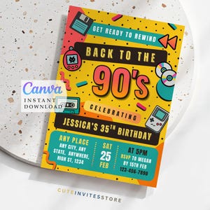 Back to the 90s Party Invitation – Editable Throwback Birthday Invite, Retro 90s Theme (Digital Download)
