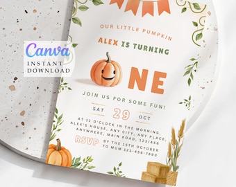 Little Pumpkin 1st Birthday Invitation: Fall Theme, Editable Template (Digital Download)