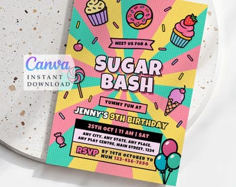 Pastell Candy Party Geburtstagseinladung Canva Vorlage, bearbeitbare digitale Mädchen einladen (Instant Download)