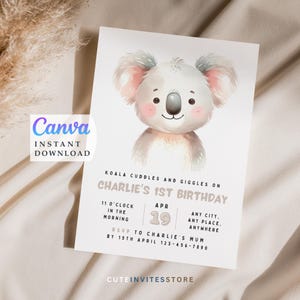 First Birthday Koala Milestone Invitation editable template | Koala party invite | Instant download | 1st Birthday party