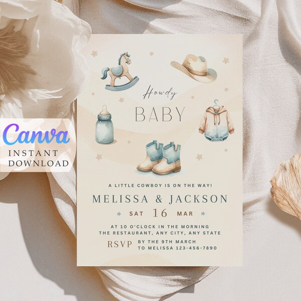 A Little Cowboy Baby Shower Editable Invitation |  Western Baby Shower Cowboy Boots Invite |  Editable Template | Instant Download