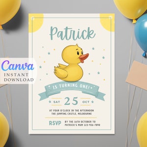 Rubber Duck invite Canva template 1st Birthday invitation idea | Instant Download | Rubber Ducky party