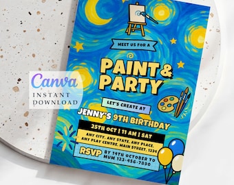 Sternennacht Paint Party Einladung, druckbare Geburtstag einladen, bearbeitbare digitale Vorlage