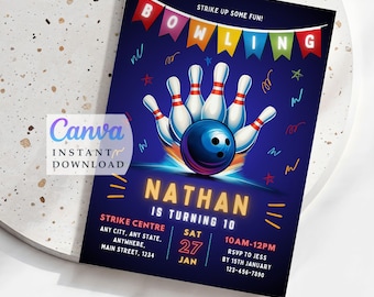 May include: A bowling-themed invitation with a blue and neon design. The invitation features a bowling ball, pins, and the text "BOWLING" in colorful letters. It includes event details: name, age, date, time, and RSVP information.