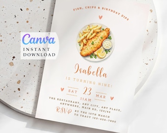 Fish and Chips Birthday Invitation, Food Party Invite, Editable Canva Template, Printable Digital Download