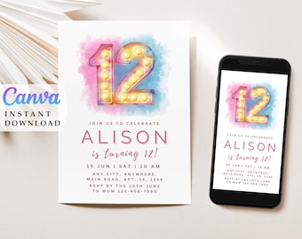 Neon 12th Birthday Invitation: Editable Girl Party Invite (Digital Download)