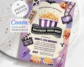 Scary Movie Night Halloween Invitation: Editable Horror Theme (Instant Download 5x7 inch Template)
