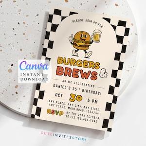 Burgers and Brews Birthday Invitation, Printable Adult Party Invite, Editable BBQ Canva Template