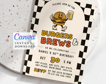 Burgers and Brews Birthday Invitation, Printable Adult Party Invite, Editable BBQ Canva Template