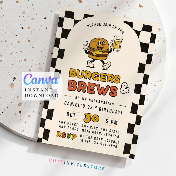 Burgers and Brews Birthday Invitation, Printable Adult Party Invite, Editable BBQ Canva Template