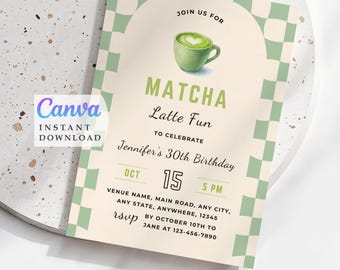 Matcha Latte-Geburtstagseinladung - Bearbeitbare Canva-Vorlage, druckbare Green Tea Party-Einladung, digitaler Download