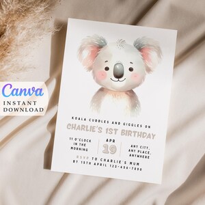 Modèle modifiable Invitation d'étape importante du premier anniversaire avec un koala | Invitation fête koala | Téléchargement instantané | Fête du 1er anniversaire