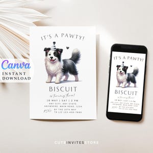 Invitation fête border collie : chiot Pawty, invitation modifiable (téléchargement numérique)