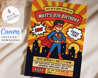Puede incluir: Una invitación de cumpleaños con temática de superhéroes con una ilustración de dibujos animados de un superhéroe. La invitación presenta el texto "8º Cumpleaños de Matt", la fecha, la hora y la información de RSVP. El fondo es naranja y amarillo con una silueta de ciudad.