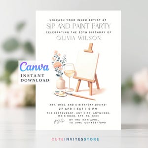 Sip and Paint Party Invitation: Minimalist 30th Birthday (Canva Digital Download)