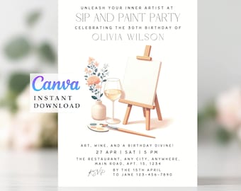 Sip and Paint Party Invitation: Minimalist 30th Birthday (Canva Digital Download)