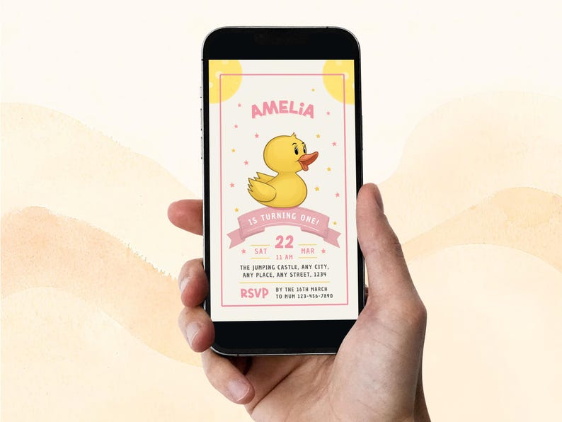 May include: A pink and yellow digital invitation for a first birthday party. The invitation features a cartoon yellow rubber duck and the text "Amelia is turning one!" with the date and time of the party.