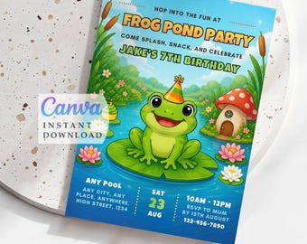 Frog Pond Birthday Invitation, Editable Canva Template, Boys Party Invite (Digital Download)